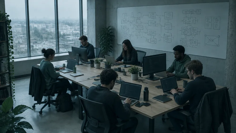 Software team at a long worktable, a hand-drawn system diagram on the whiteboard wall