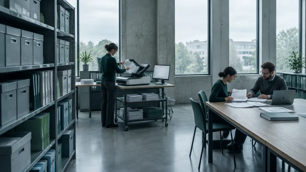 Records office with archive shelving, a staff member scanning documents and two colleagues reviewing reports