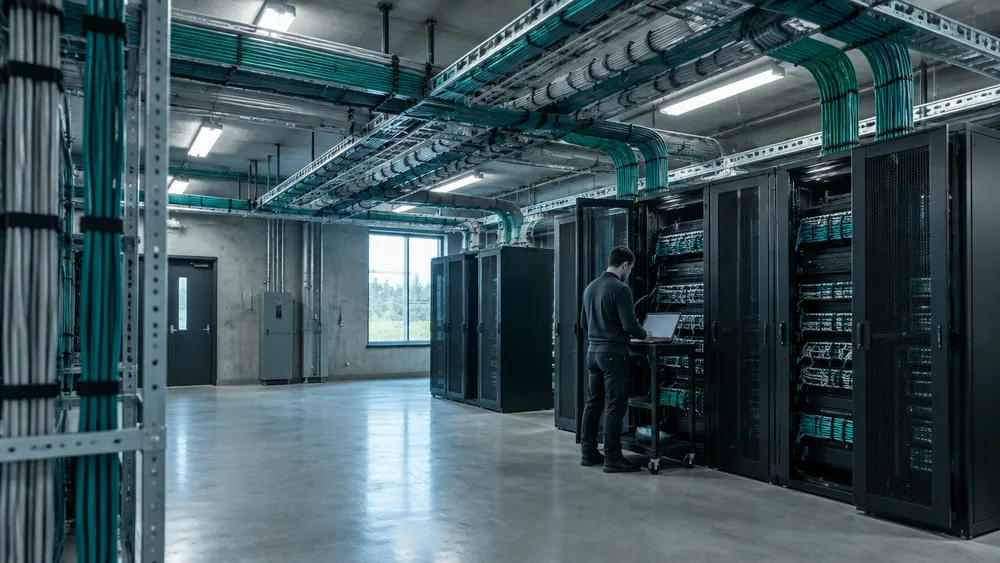 Engineer connecting equipment with a laptop at network racks fed by overhead cable trays