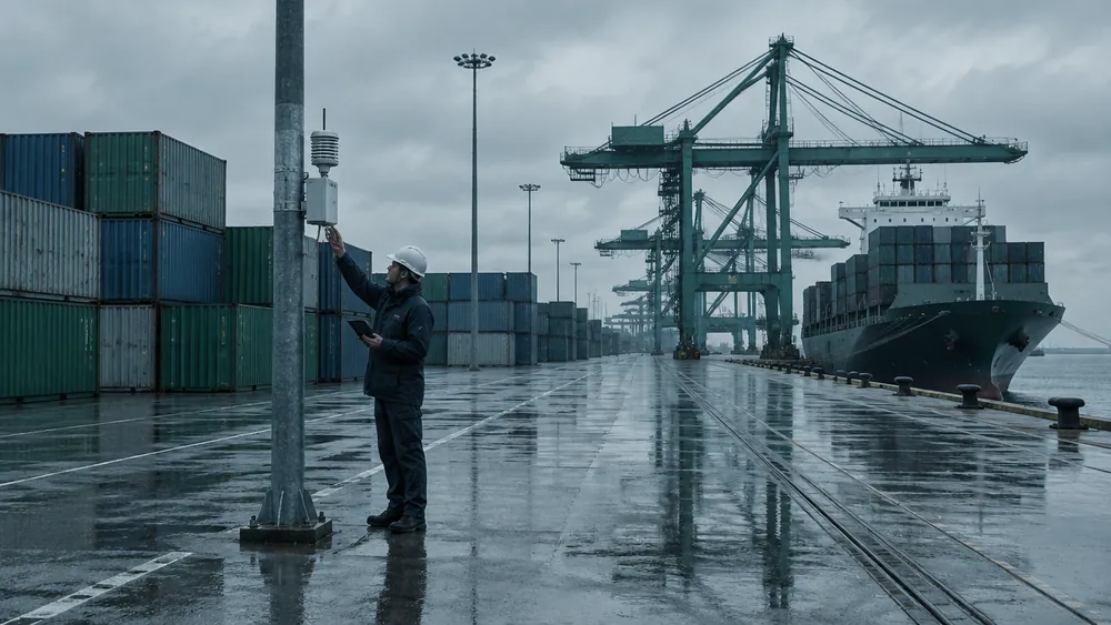 Field engineer checking a pole-mounted sensor with a tablet at a container port