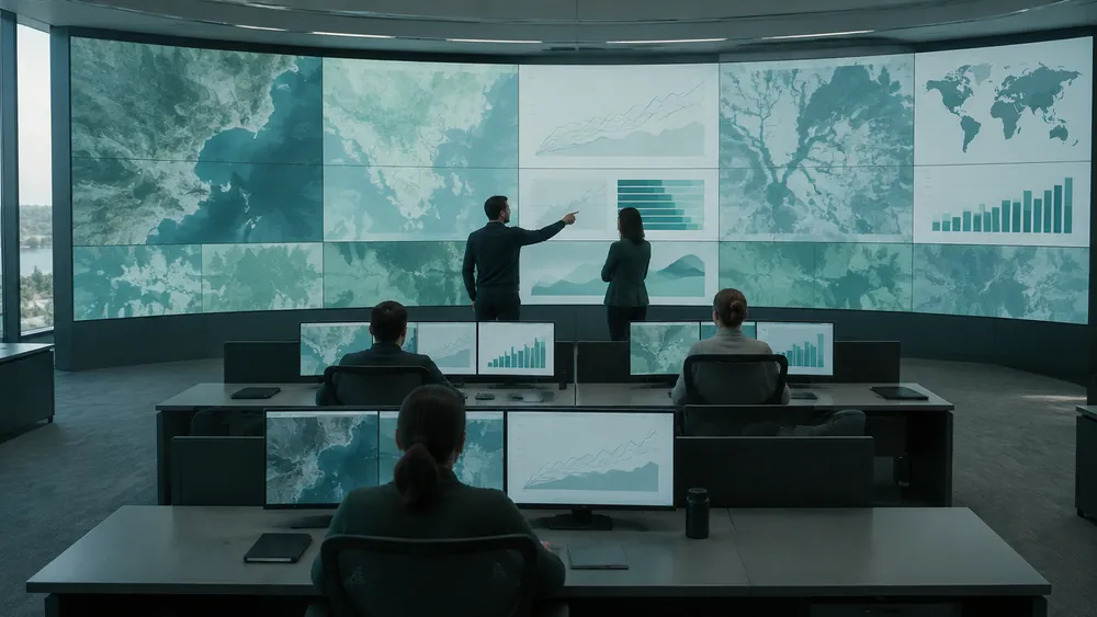 Analysts at a large data wall in a monitoring room, one pointing at the screen
