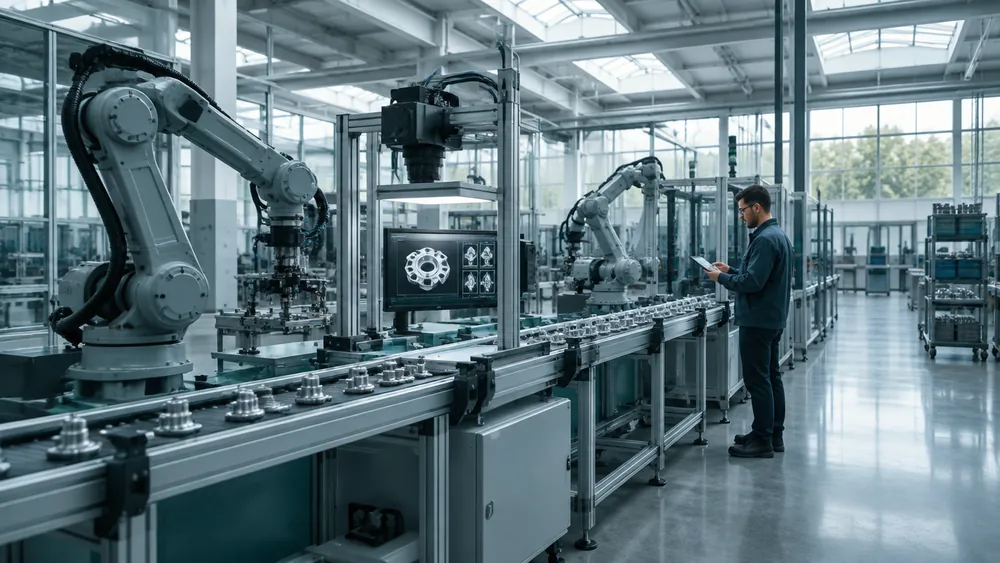 Automated production line with robotic arms, a vision-based inspection station and an engineer with a tablet