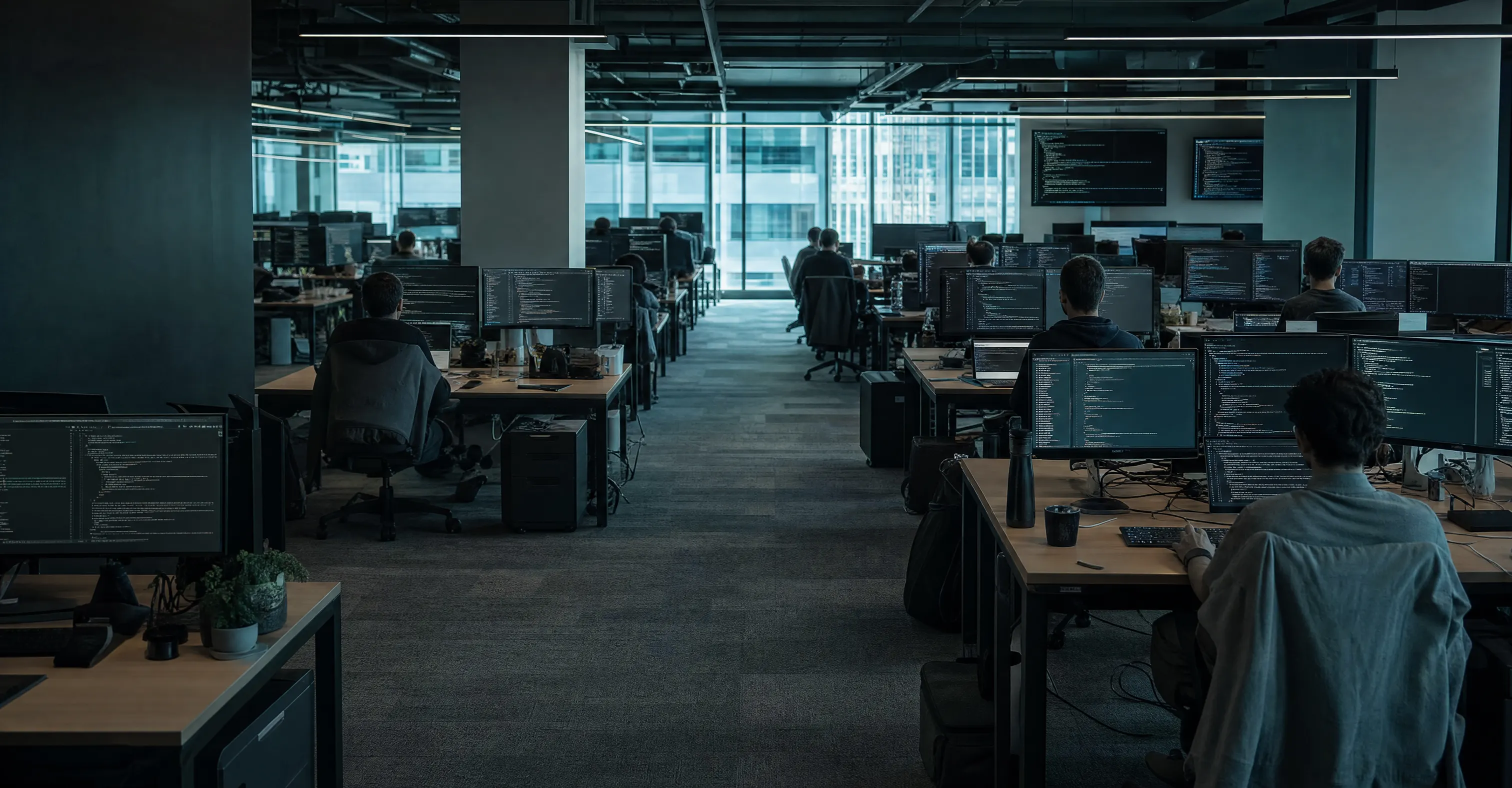 Open-plan office where the software team works at multi-monitor desks in natural daylight